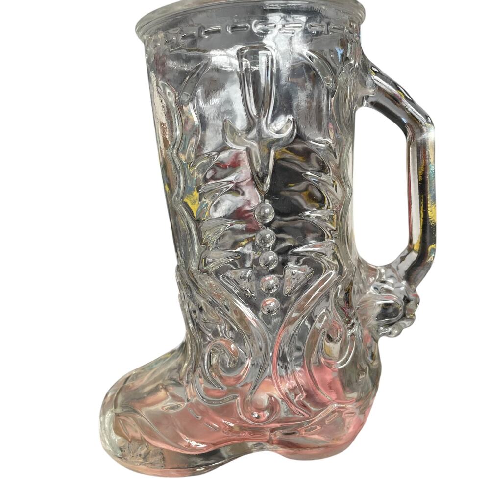 Vintage Clear Glass Cowboy Boot Mug Libbey of Canada Embossed w/ Handle Western